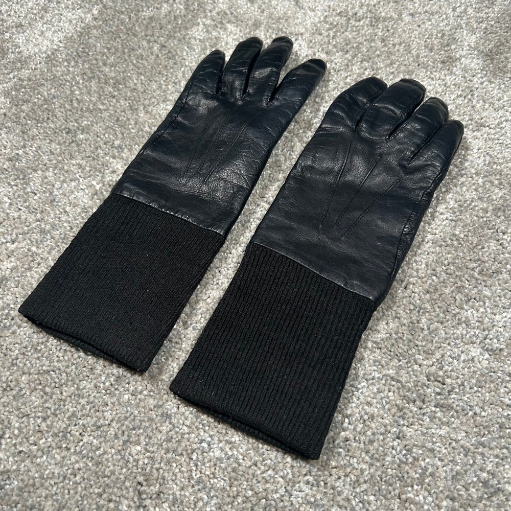 Fownes Black Genuine Leather Gloves with Ribbed Knit Cuffs Size 7.5 - Picture 3 of 6